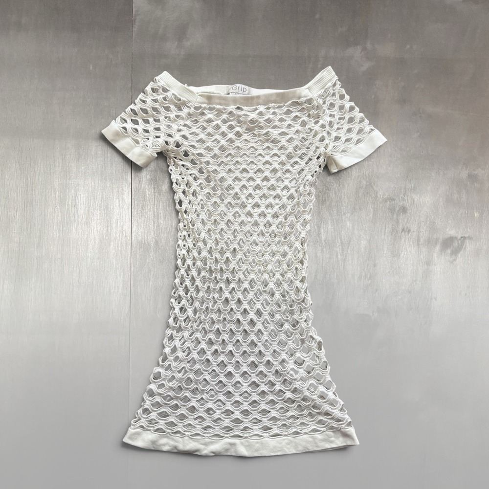 Grip White Open Knit Mesh Tunic Top One Size Y2K Sheer Crochet